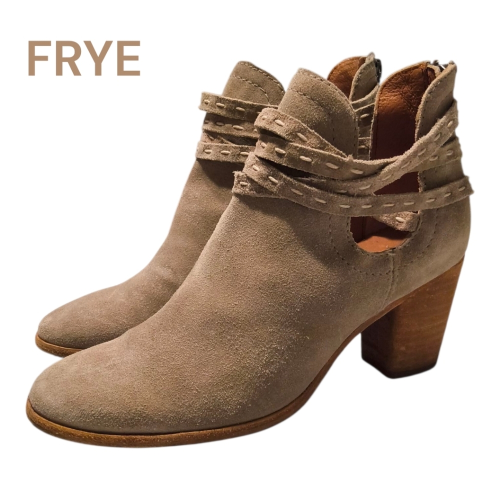 FRYE Suede Naomi Pickstitch Taupe Ankle Boots - Western Boho Booties Size 6.5